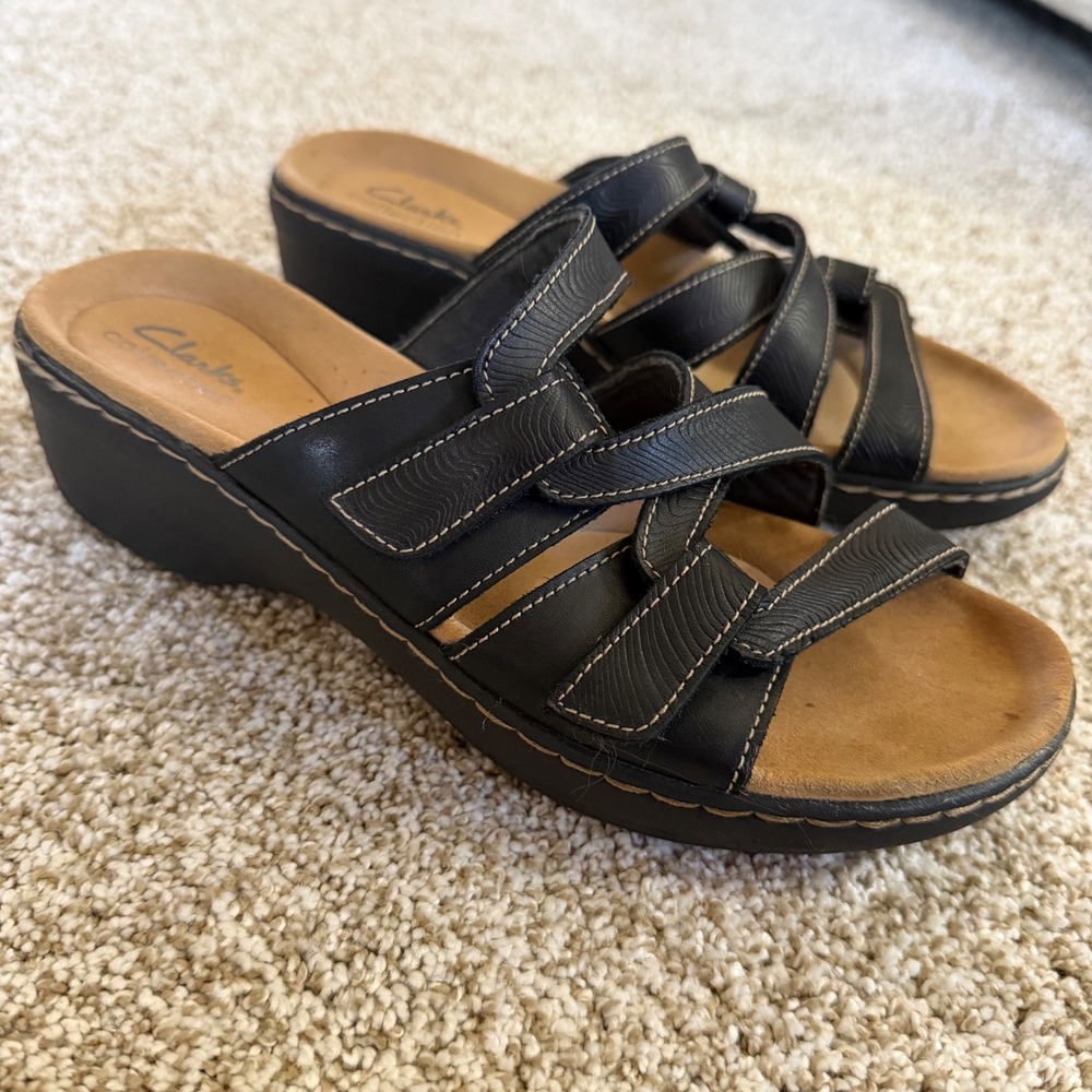 Clarks Collection Womens Black Wedge Slide Sandals Adjustable Straps Size‎ 8.5